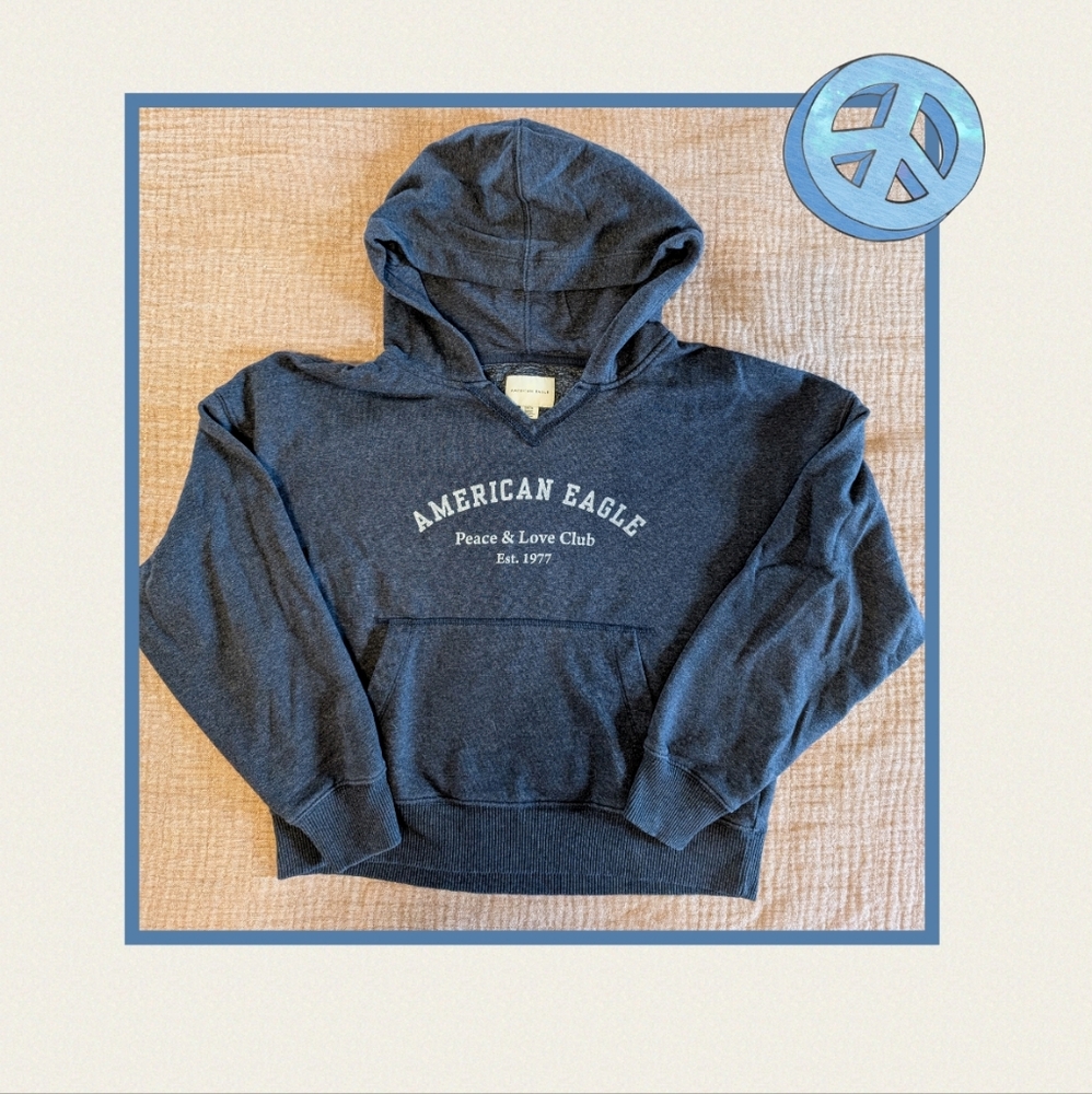 American Eagle Peace & Love Blue Pullover Hoodie Size Small
